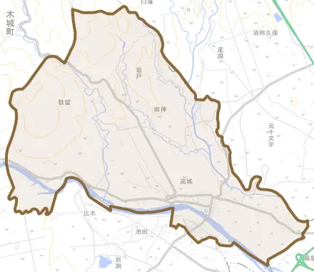 大字高城とその周辺の地図。町の範囲を重ねている
