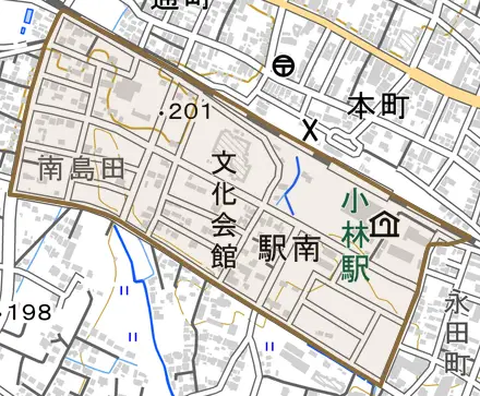 駅南とその周辺の地図。町の範囲を重ねている
