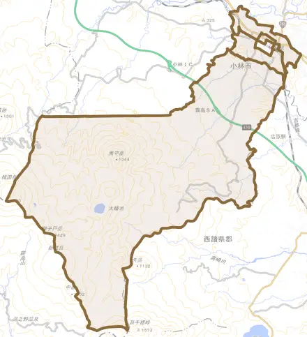 細野とその周辺の地図。町の範囲を重ねている