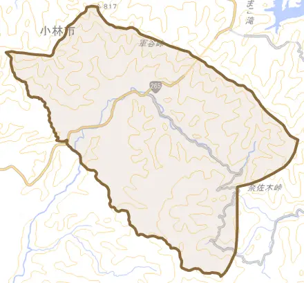 須木奈佐木とその周辺の地図。町の範囲を重ねている