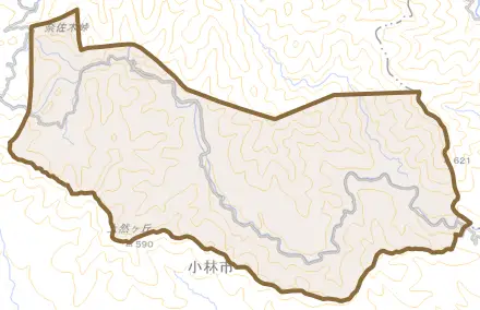 須木内山とその周辺の地図。町の範囲を重ねている
