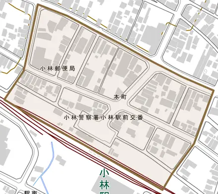 本町とその周辺の地図。町の範囲を重ねている