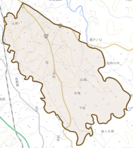 堤とその周辺の地図。町の範囲を重ねている