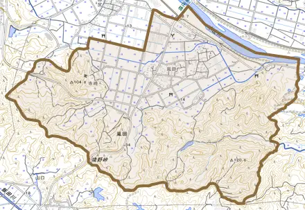 大字嵐田とその周辺の地図。町の範囲を重ねている