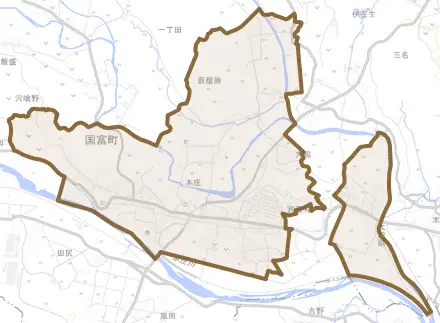 大字本庄とその周辺の地図。町の範囲を重ねている