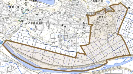 大字宮王丸とその周辺の地図。町の範囲を重ねている
