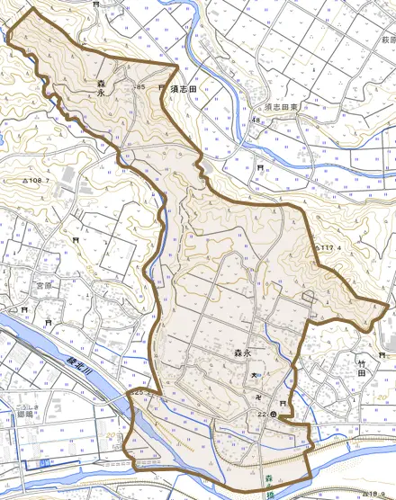 大字森永とその周辺の地図。町の範囲を重ねている