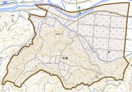 大字向高とその周辺の地図。町の範囲を重ねている