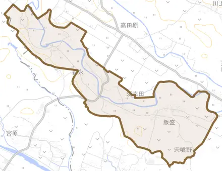 大字須志田とその周辺の地図。町の範囲を重ねている