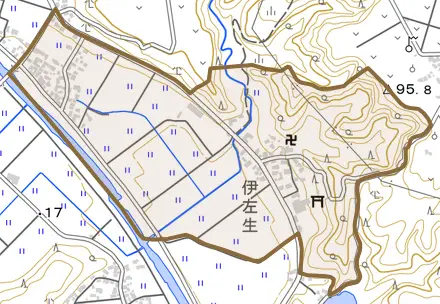 大字伊左生とその周辺の地図。町の範囲を重ねている
