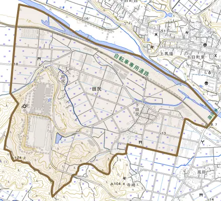 大字田尻とその周辺の地図。町の範囲を重ねている