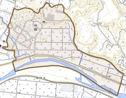 大字竹田とその周辺の地図。町の範囲を重ねている