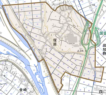 大字塚原とその周辺の地図。町の範囲を重ねている