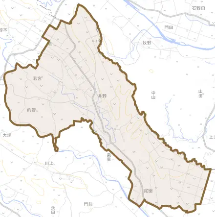 大字八代北俣とその周辺の地図。町の範囲を重ねている