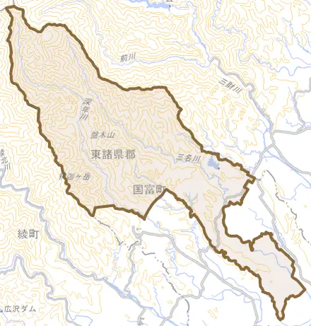 大字八代南俣とその周辺の地図。町の範囲を重ねている