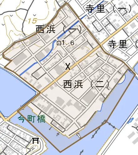 西浜とその周辺の地図。町の範囲を重ねている