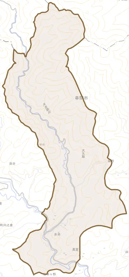 大字大矢取とその周辺の地図。町の範囲を重ねている