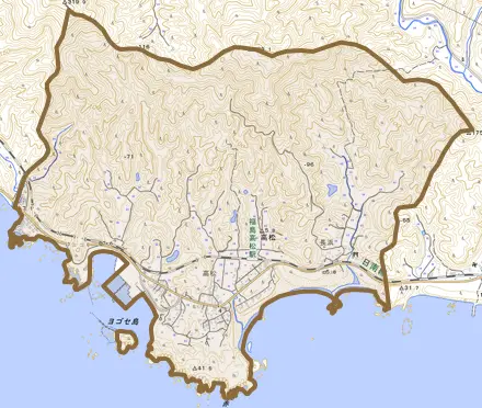 大字高松とその周辺の地図。町の範囲を重ねている