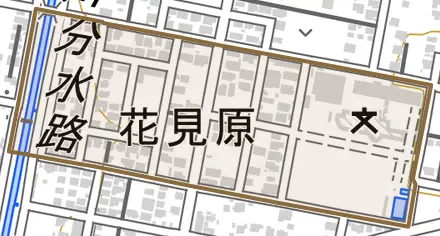 花見原とその周辺の地図。町の範囲を重ねている