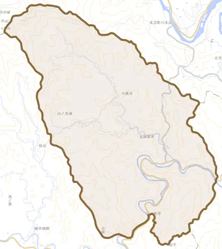 北郷黒木とその周辺の地図。町の範囲を重ねている