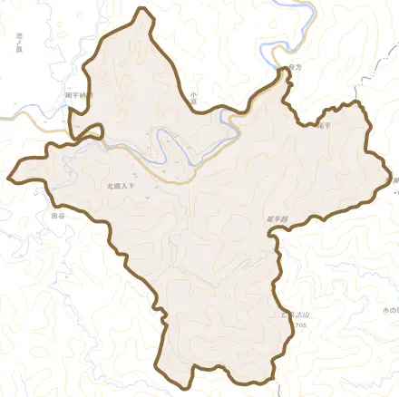 北郷入下とその周辺の地図。町の範囲を重ねている