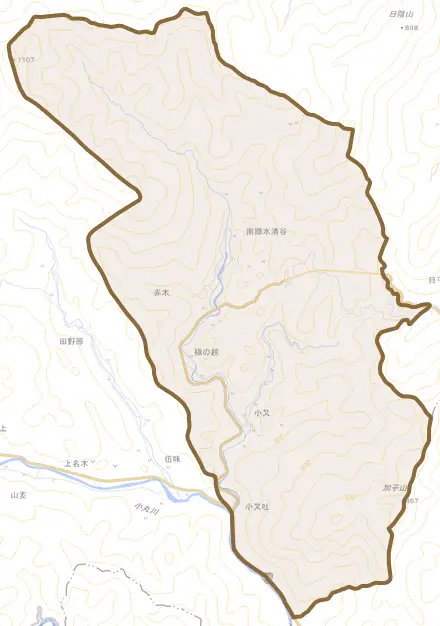 南郷水清谷とその周辺の地図。町の範囲を重ねている