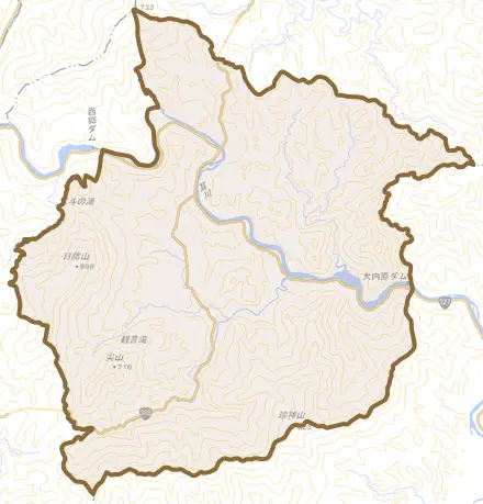 西郷田代とその周辺の地図。町の範囲を重ねている