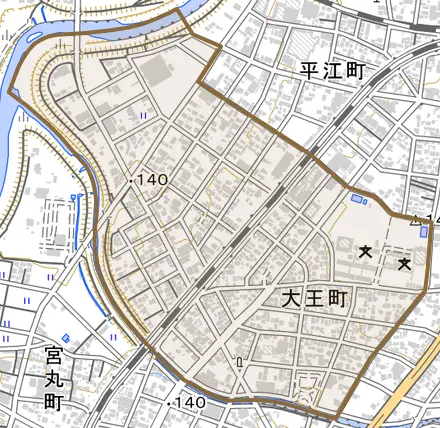 大王町とその周辺の地図。町の範囲を重ねている