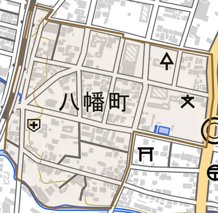 八幡町とその周辺の地図。町の範囲を重ねている