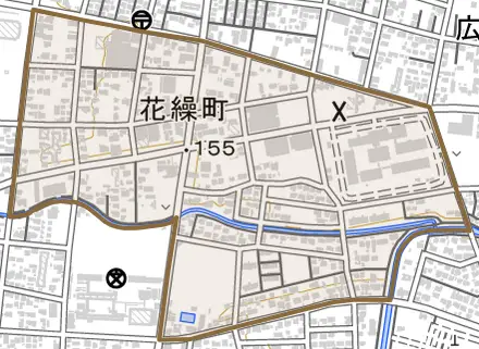 花繰町とその周辺の地図。町の範囲を重ねている