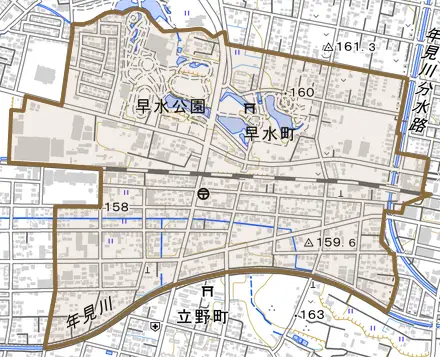 早水町とその周辺の地図。町の範囲を重ねている