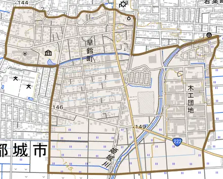 早鈴町とその周辺の地図。町の範囲を重ねている