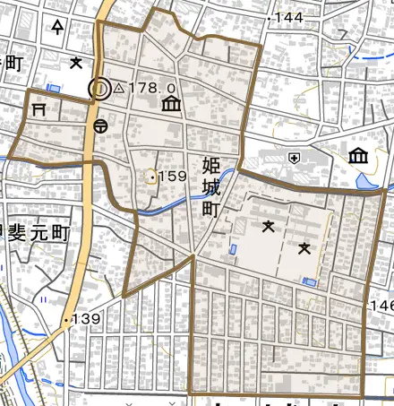 姫城町とその周辺の地図。町の範囲を重ねている