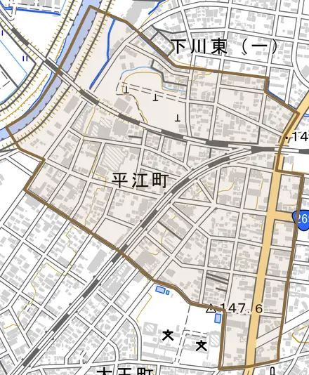 平江町とその周辺の地図。町の範囲を重ねている