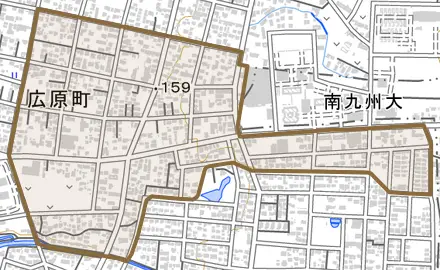 広原町とその周辺の地図。町の範囲を重ねている