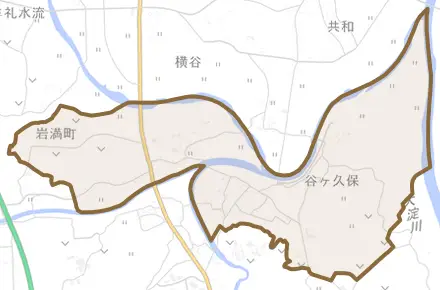 岩満町とその周辺の地図。町の範囲を重ねている