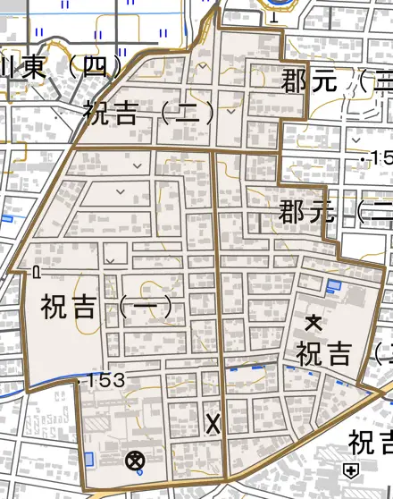 祝吉とその周辺の地図。町の範囲を重ねている
