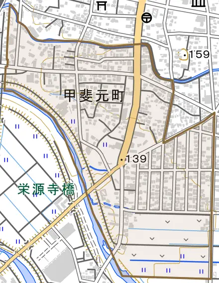 甲斐元町とその周辺の地図。町の範囲を重ねている