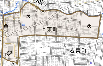 上東町とその周辺の地図。町の範囲を重ねている
