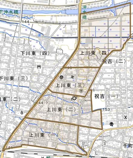 上川東とその周辺の地図。町の範囲を重ねている