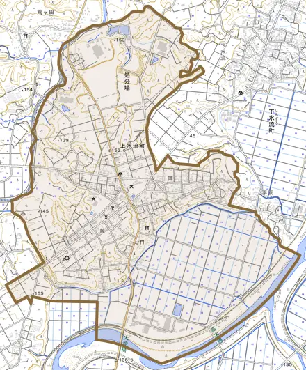 上水流町とその周辺の地図。町の範囲を重ねている