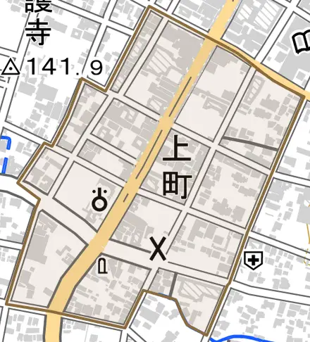 上町とその周辺の地図。町の範囲を重ねている