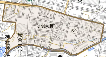 北原町とその周辺の地図。町の範囲を重ねている