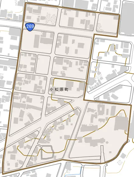 小松原町とその周辺の地図。町の範囲を重ねている