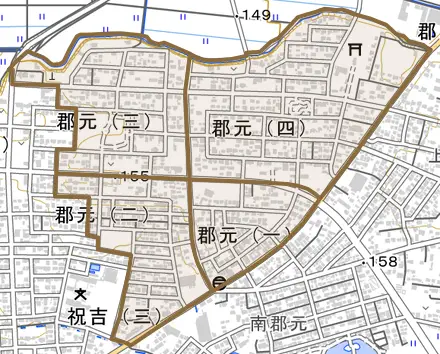 郡元とその周辺の地図。町の範囲を重ねている
