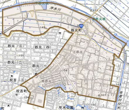 郡元町とその周辺の地図。町の範囲を重ねている