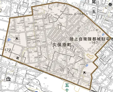 久保原町とその周辺の地図。町の範囲を重ねている