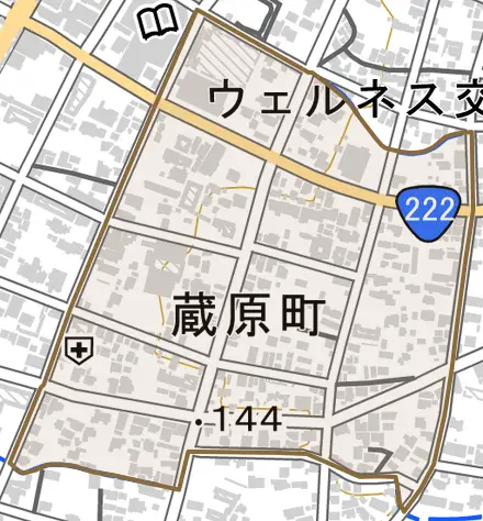蔵原町とその周辺の地図。町の範囲を重ねている