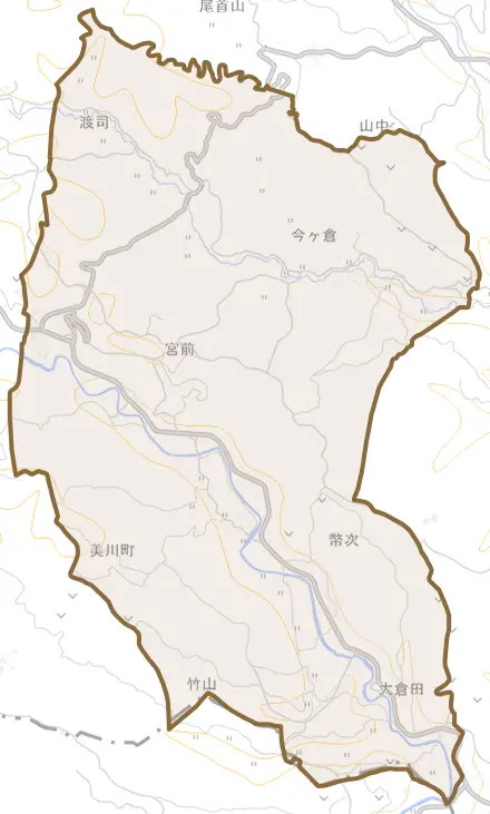 美川町とその周辺の地図。町の範囲を重ねている