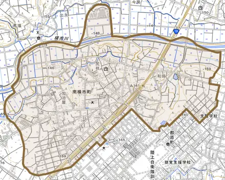 南横市町とその周辺の地図。町の範囲を重ねている